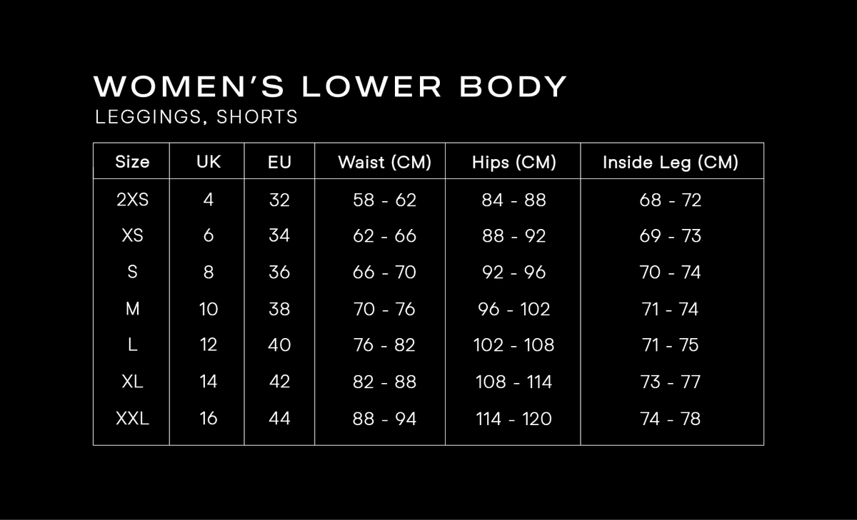 Size Guide for Women's Origins Leggings 'Resonance'